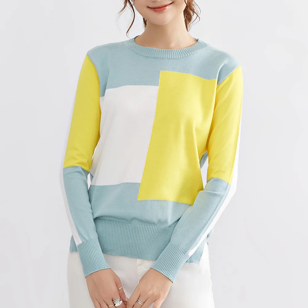 

Fresh Elegant Women Inner Knits Sweater Fashion Casual Long Sleeve Strip Patchwork Round Neck Pullover Autumn Winter Lady Tops