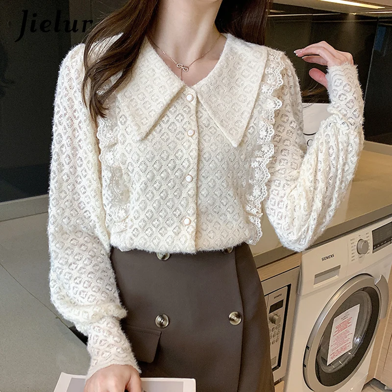 Jielur Весна Топы Блузки женские кружевные рубашки 2021 Мода S-XXL в стиле Питер Пэн