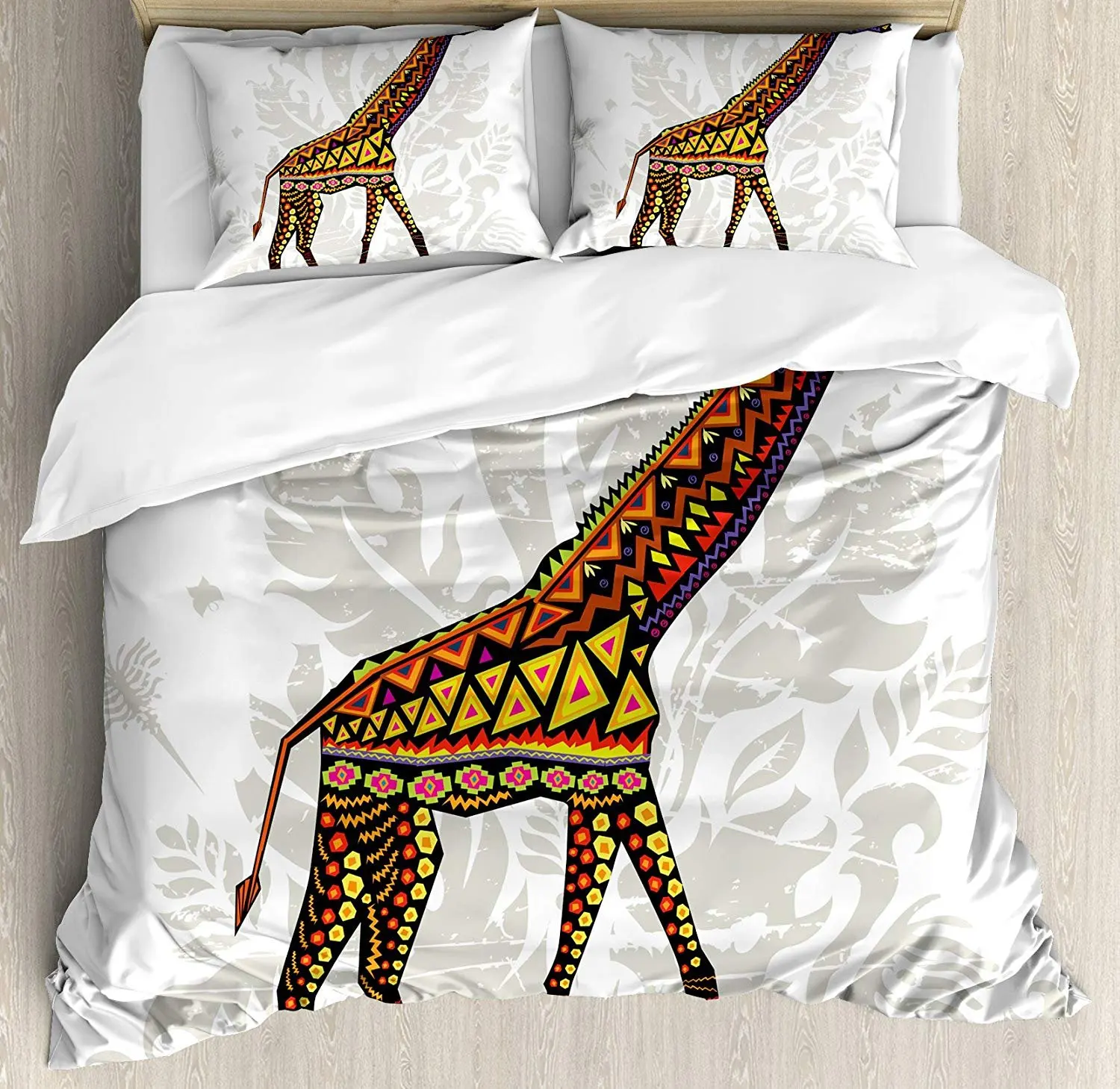 

Batik Bedding Set African Savannah Animal Giraffe with Ethnic Ornament Patterns on Body Creature Print Duvet Cover Pillowcase