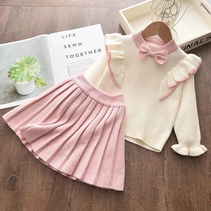 

Girls Winter Clothes Set Long Sleeve Sweater Shirt Skirt 2 Pcs Clothing Suit Bow Baby Outfits For Kids Pullover Children 1-5Year