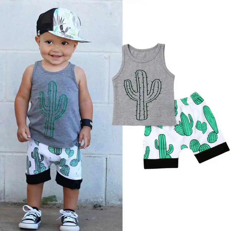 2PCS Baby Boy Summer Clothes for Toddler Newborn Kids Boys Cactus Sleeveless Tops T-Shirt Shorts Outfit Sunsuit |
