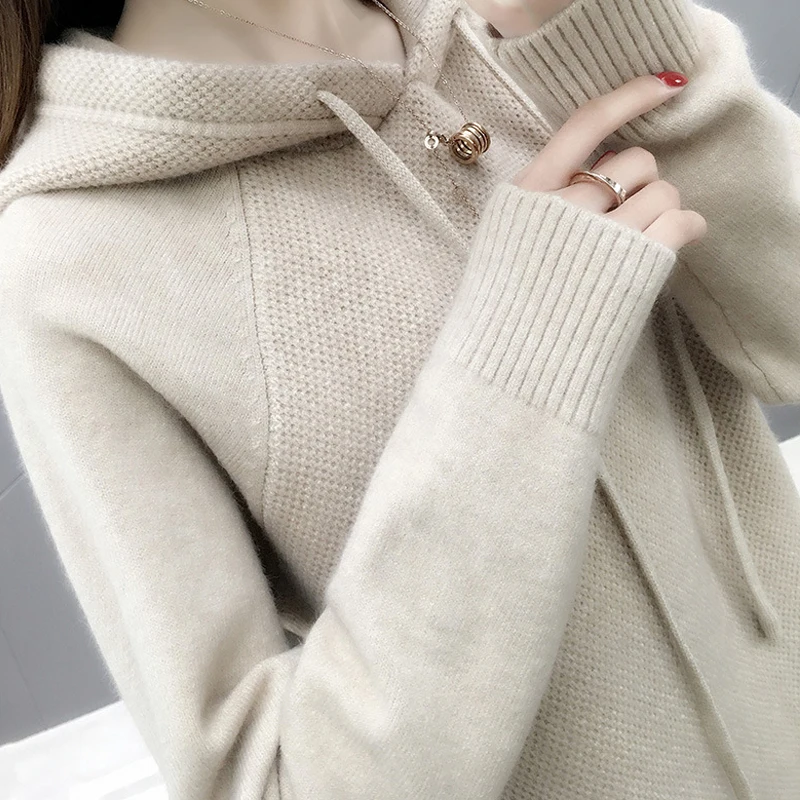 Женский трикотажный свитер с капюшоном однотонный осенний 2021 | Женская одежда