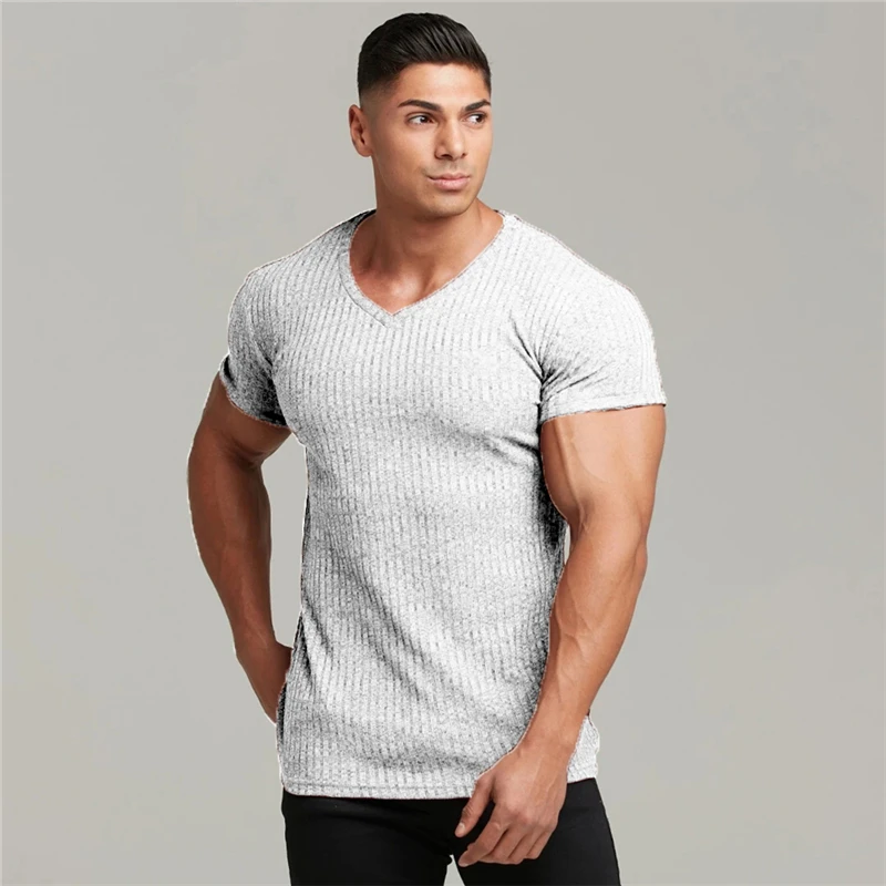 

Running V Neck Short Sleeve T Shirt Men Fitness Slim Fit Sports Strips T-shirt Fashion Tees Tops Summer Knitted Gym Clothing