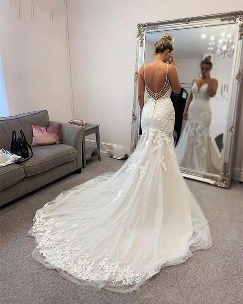 Custom Made 2021 New Design Wedding Dress Mermaid Open Back Tulle Lace Beading Sexy Bridal Gowns EY44 | Свадьбы и торжества