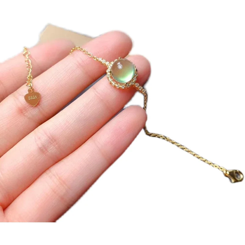 

S925 Sterling Silver Inlaid Prehnite Popular Bracelet Agete Style Fluorescent Ice-like Jewelry Japanese and Korean Style