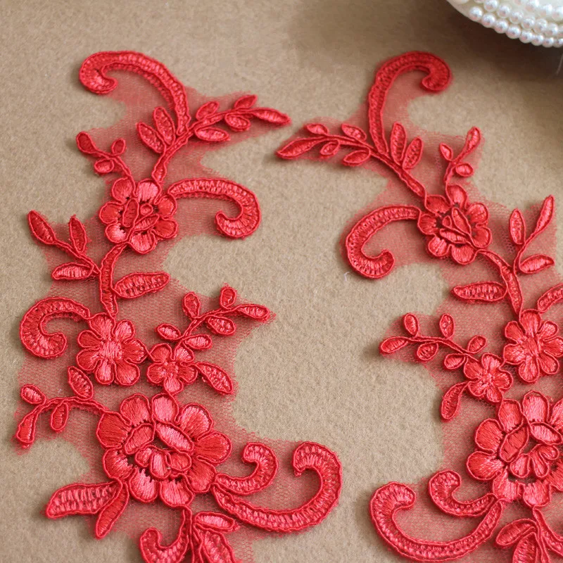 

2PC,Motif Red Embroidery Lace Applique Lace Trim Bridal Wedding Dress Sewing Patches Trims Clothing Veils Bag Decor FL222