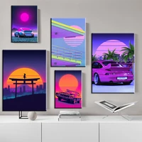 wall art canvas 80s outrun vaporwave styleposter city night car house sunset poster painting kawaii room decor home decoration