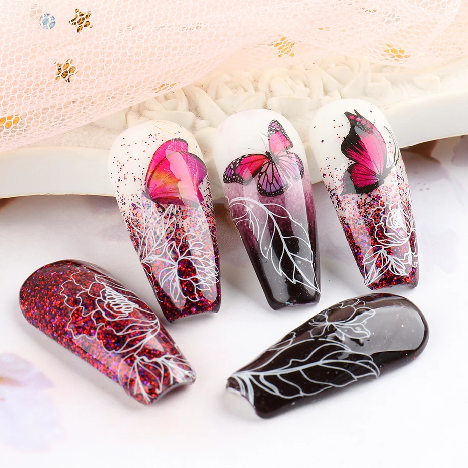 Бабочки наклейки для ногтей вода черная красочная Роза обертывание цветов