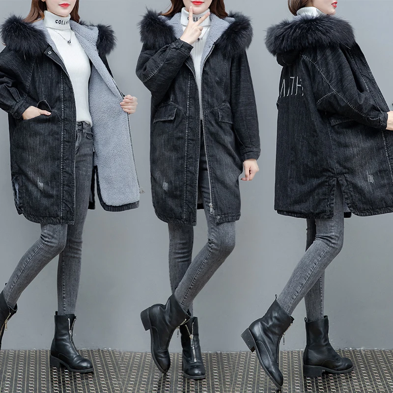 Новинка 2019 Длинная черная куртка бомбер женская зимняя с капюшоном для девочек