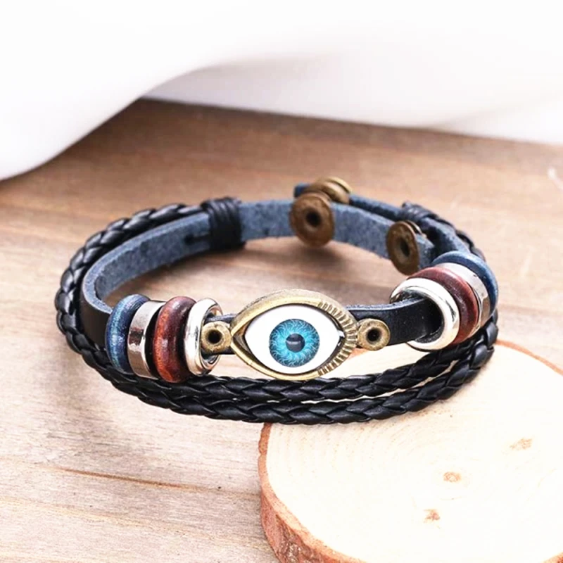 Винтажный Мужской кожаный браслет череп Звездный глаз многослойный с подвеской