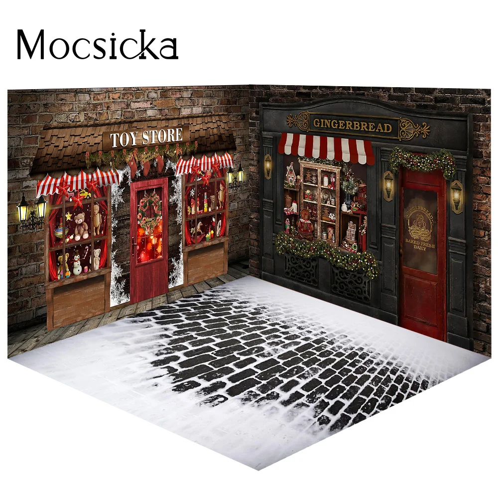 Christmas Toy Store Backdrop Retro Gingerbread House Photography Xmas Room Portrait Background Photo Studio Winter Street Snow |