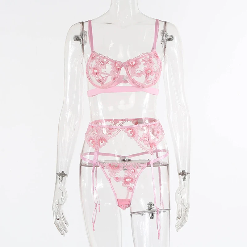 

Lace Embroidered Pink Flower Pattern Underwear Thin Temptation Sexy Erotic Lingerie Underwire Gather Bra Garter Belt Thong 3Pc