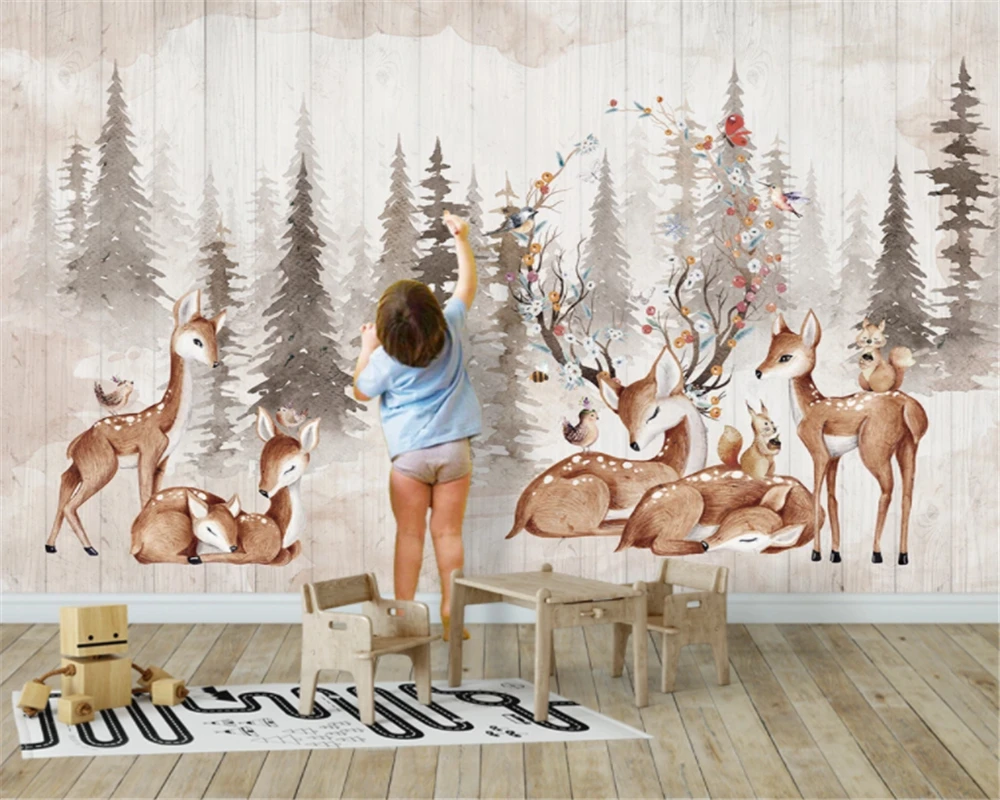 

beibehang Custom Any Size Mural Wallpaper 3D Hand Painted Forest Vintage Elk Painting Kid's Bedroom Background Wall Wallpaper