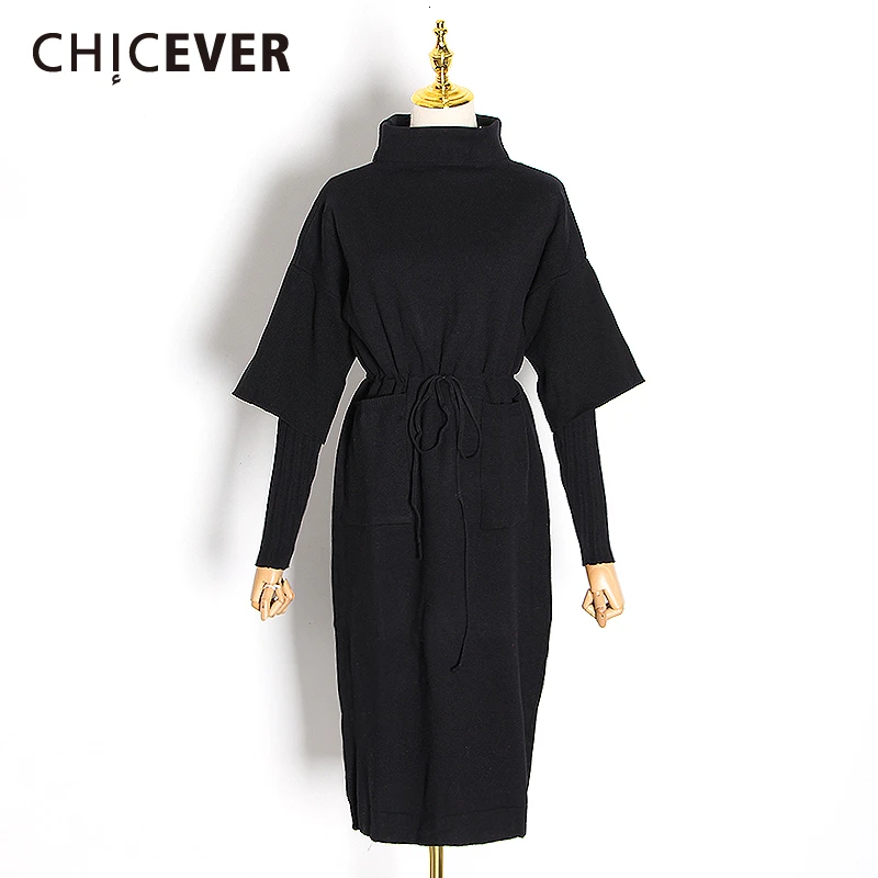 CHICEVER платье со шнуровкой и завязками женское стоячим воротником длинным рукавом