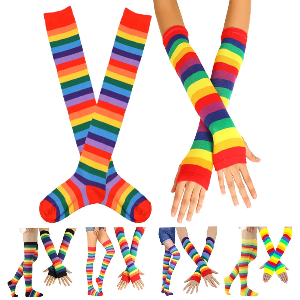 

New Rainbow Colored StocKings Thighs Knee Socks Warm Striped Arms Warm Gloves Christmas Gift Woman Cosplay Costume
