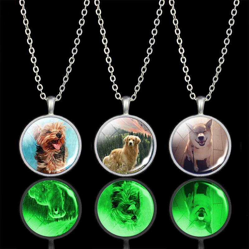 Luminous Dog Photo Necklace German Shepherd Rottweiler Teddy Corgi Glass Cabochon Animal Glow In The Dark Jewelry Gift | Украшения и