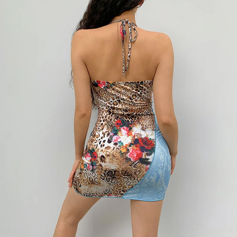 

women fashion clothing ins dress summer Spaghetti Strap Tie flowers Patchwork V-Neck Sheath Gothic Tie Dye club dress