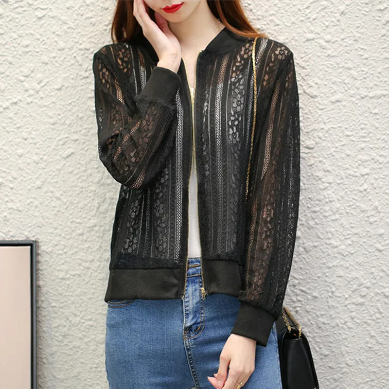

New Summer Lace Jacket Female Casual Long Sleeve White Coat Women Hollow Out Harajuku Black Jacket Ladies Tops Ropa Mujer Q3945