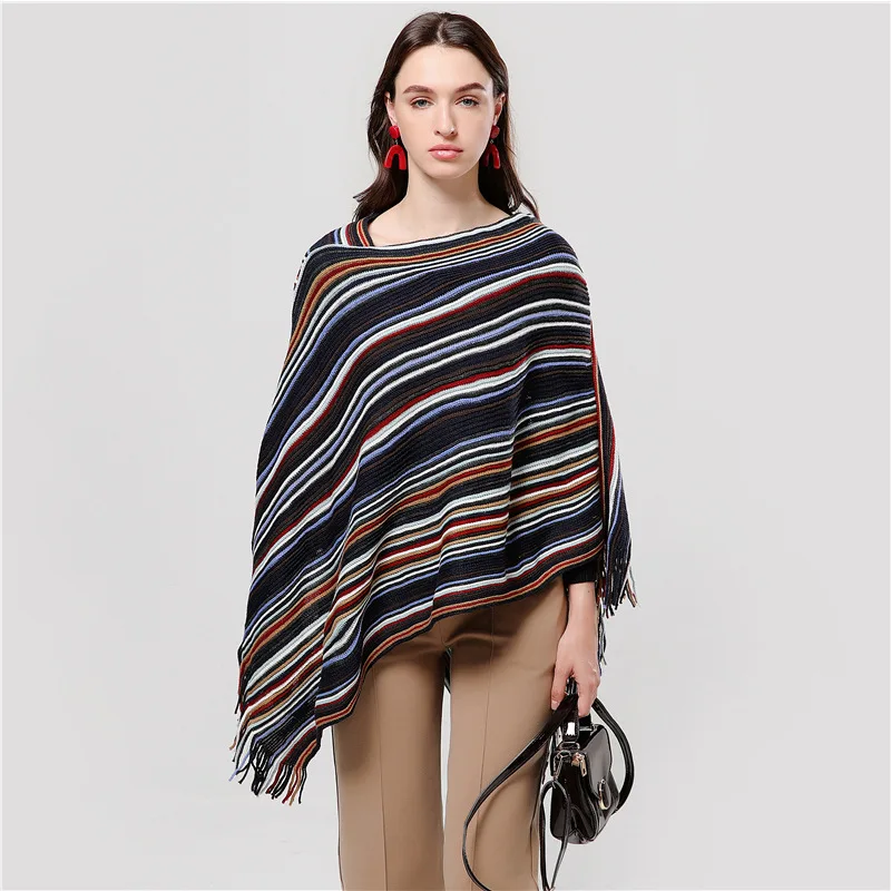 

New Poncho Autumn Winter Scarf European And American Ladies Shawl Sweater Cloak Thick Tassel Striped Warm Coat Blanket Brand