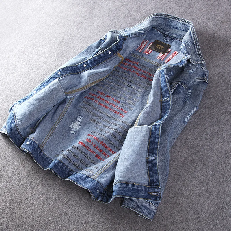 

Fashion Streetwear Men Jackets Blue Color Embroidery Designer Destroyed Denim Coats Ripped Biker Jackets Hip Hop Jackets Hombre