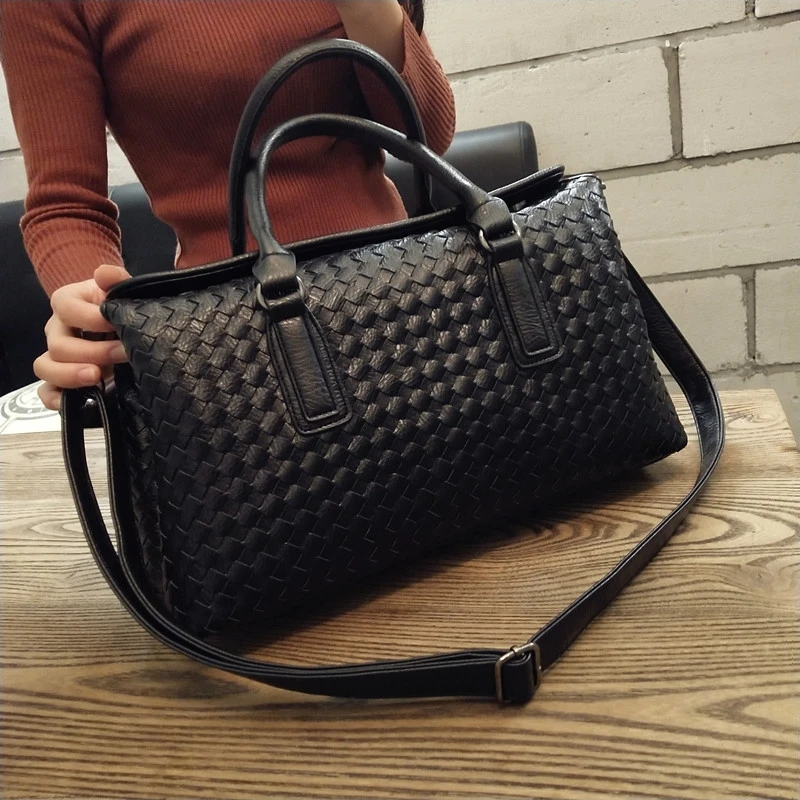 

Luxury Solid Black Leather Woven Travel Handbag For Women Fashion Large Capacity Female Sac A Main Femme Bolsos Mujer