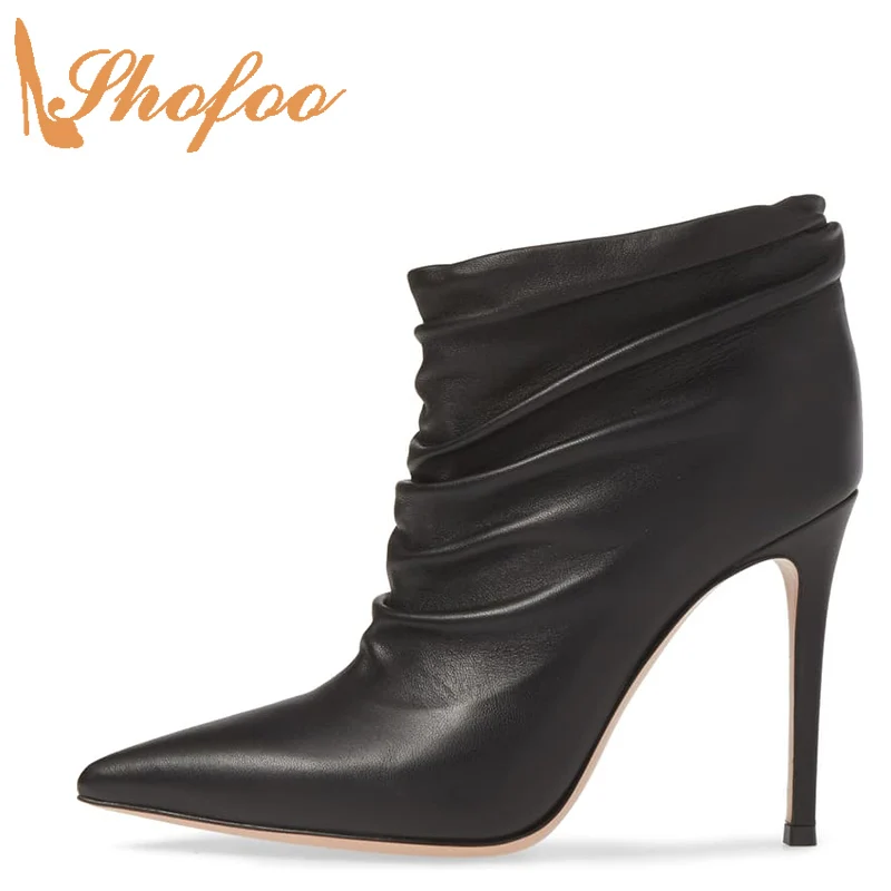 

Black Woman Pointed Toe Ankle Boots High Thin Heels Booties Slip On Large Size 11 15 Ladies Fashion Fold Mature Shoes Shofoo