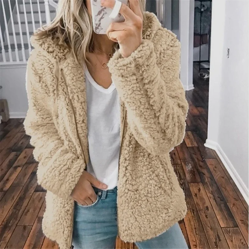 

Hoodie Women Autumn Winter Jacket Female Coat Causal Soft Hooded Fleece Plush Warm Plus Size Faux Fur Fluffy Zipper top Sudadera