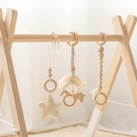 1set pacifier chain wooden pram clip baby mobile crochet star bell beech wood teething toy baby pacifier chain chewable rattle
