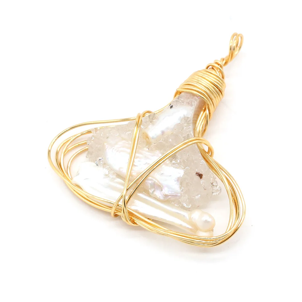 

Natural Agated Druzy Pendants Reiki Heal Gold Color Wire Wrap Pearls for Trendy Jewelry Making DIY Necklace Earring