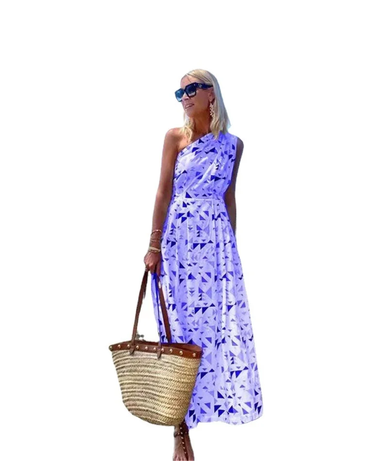 

Floral Print Summer Bohemian Dress Ladies Retro Beach Vacation Long Dress Ladies Print Beach Oblique Shoulder Bohemian Long Dres