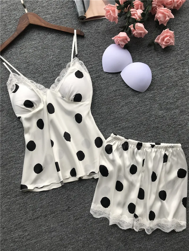 

New Women's Sexy Sleepwear Satin Lace Dot Print Deep V Pajamas Set Female Sleeveless Lingerie Nightgown Babydolls
