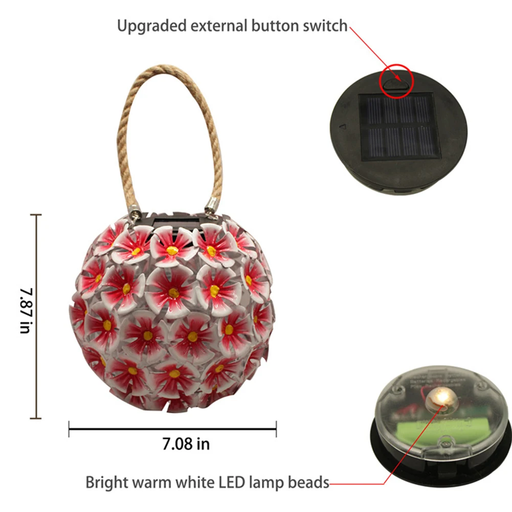 

LED Solar Lamp Metal Flower Ball Lantern Hanging Light Outdoor Garden Decoration ON-OFF Push Button Switch