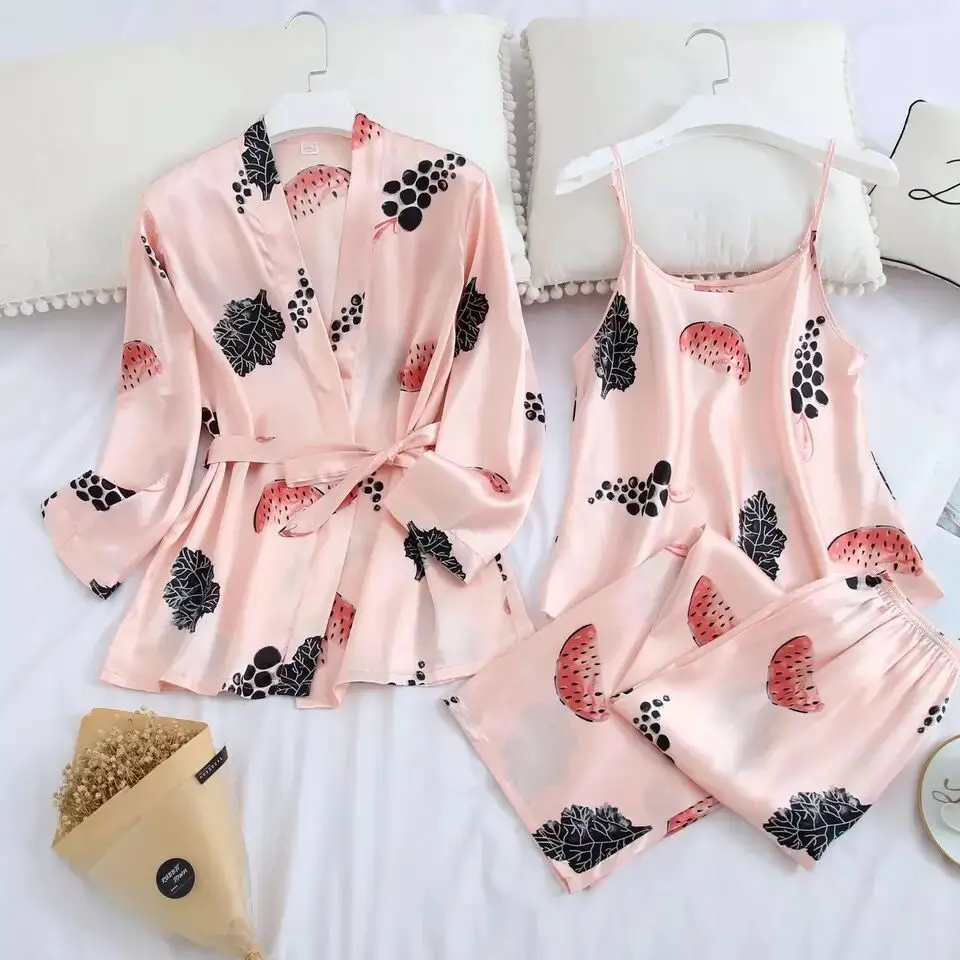 

Spring Women 3 Pieces Silk Pajamas Sets with Pants Flower Print Spaghetti Strap Pyjama Satin Elegant Sexy Homewear Pijama Mujer