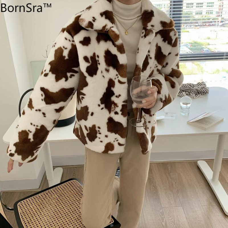

Bornsra Rayon Warm Retro Cow Printing Feminine Women 2020 New Elegant Casual Street Stand Collar Winter Coat Jackets Tops
