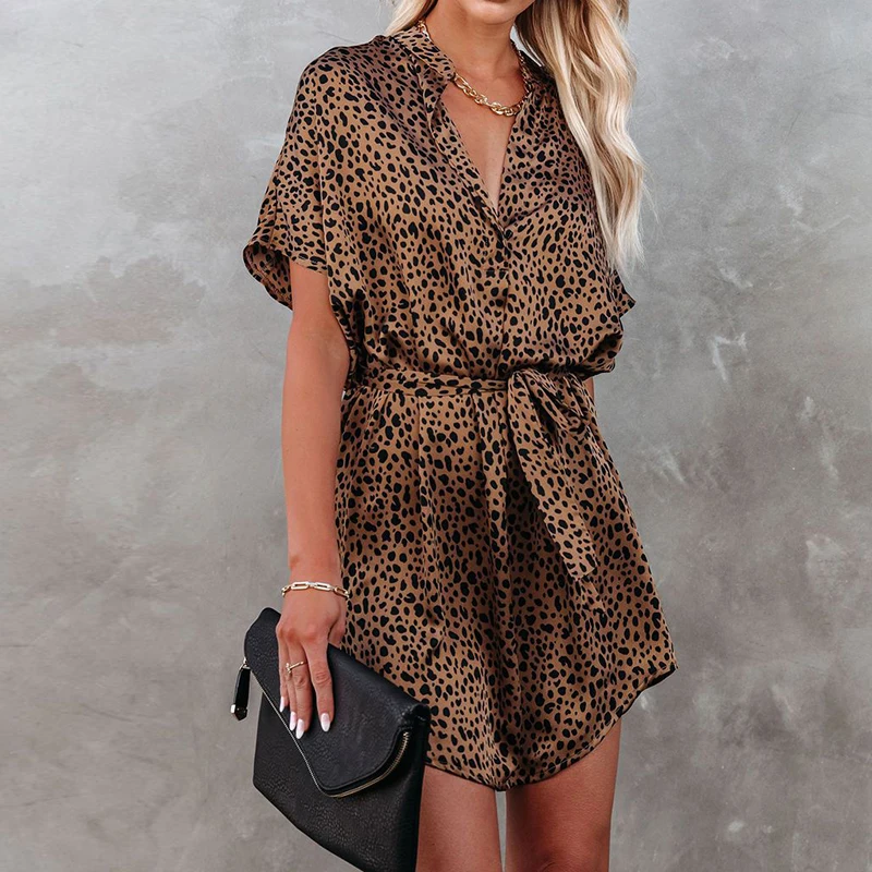 

Летнее платье-трапеция с коротким рукавом и V-образным вырезом, офисное женское мини-платье с поясом, повседневное женское платье-рубашка с ...