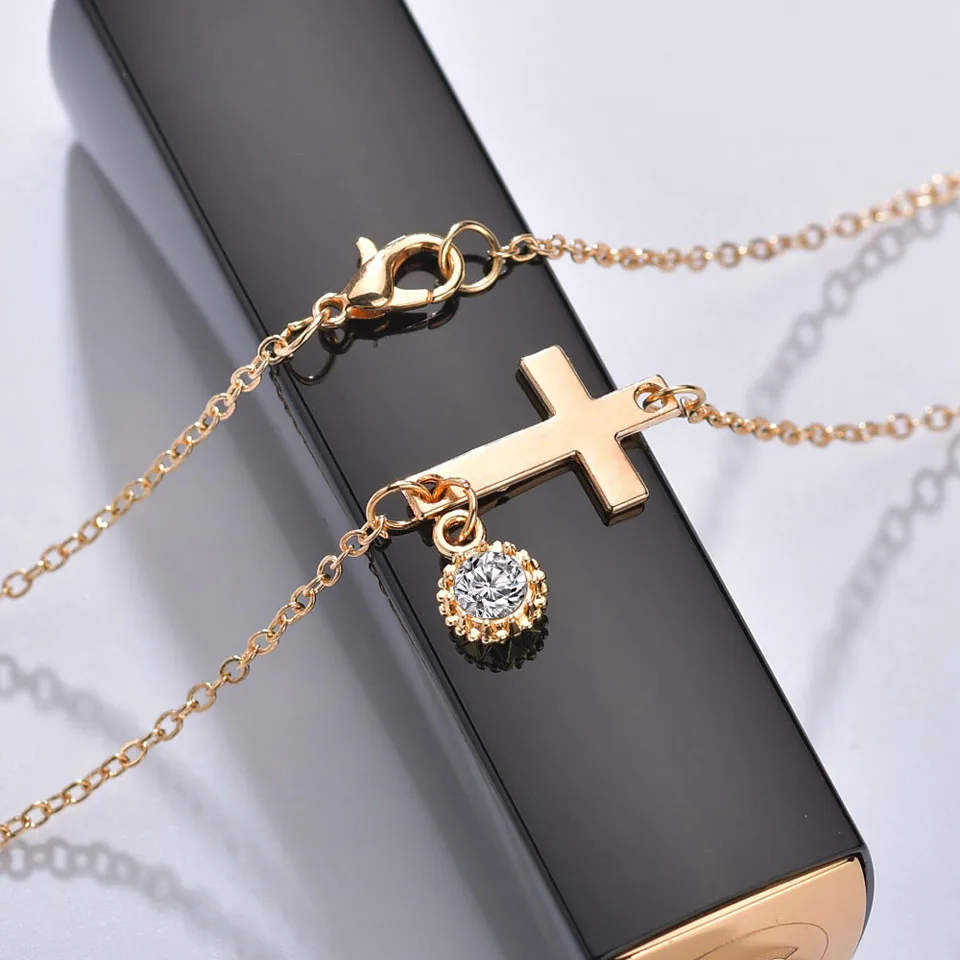 Классическая Женская Золотая цепочка ожерелье с крестом и блестящим кристаллом