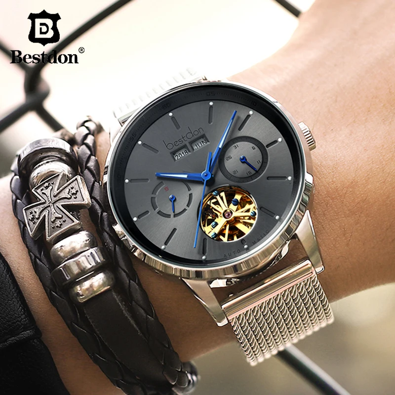Bestdon Tourbillon механические мужские часы Скелет автоматические для мужчин Швейцария