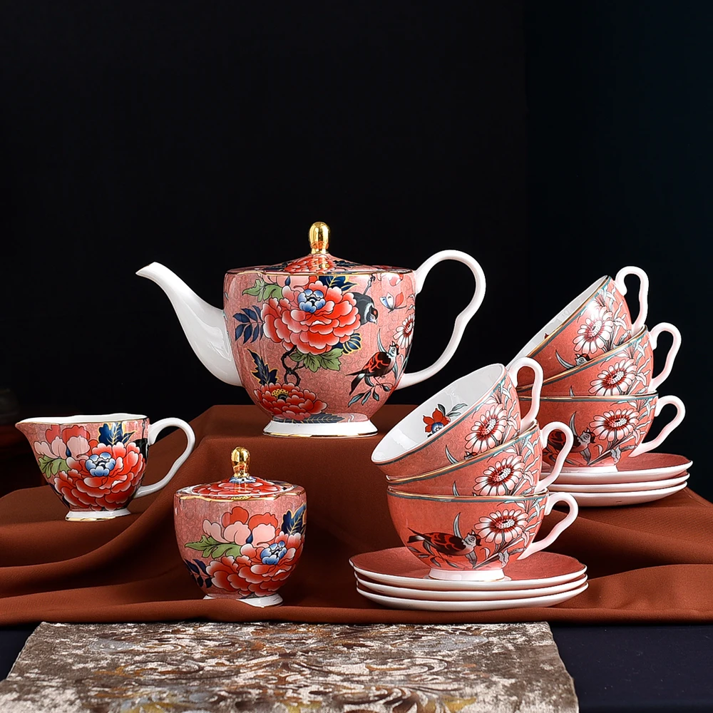 

15pcs European Style Bone China Coffee Set Golden Luxury Porcelain Tea Set Afternoon Teapot Sugar Bowl Milk Jug Coffeeware