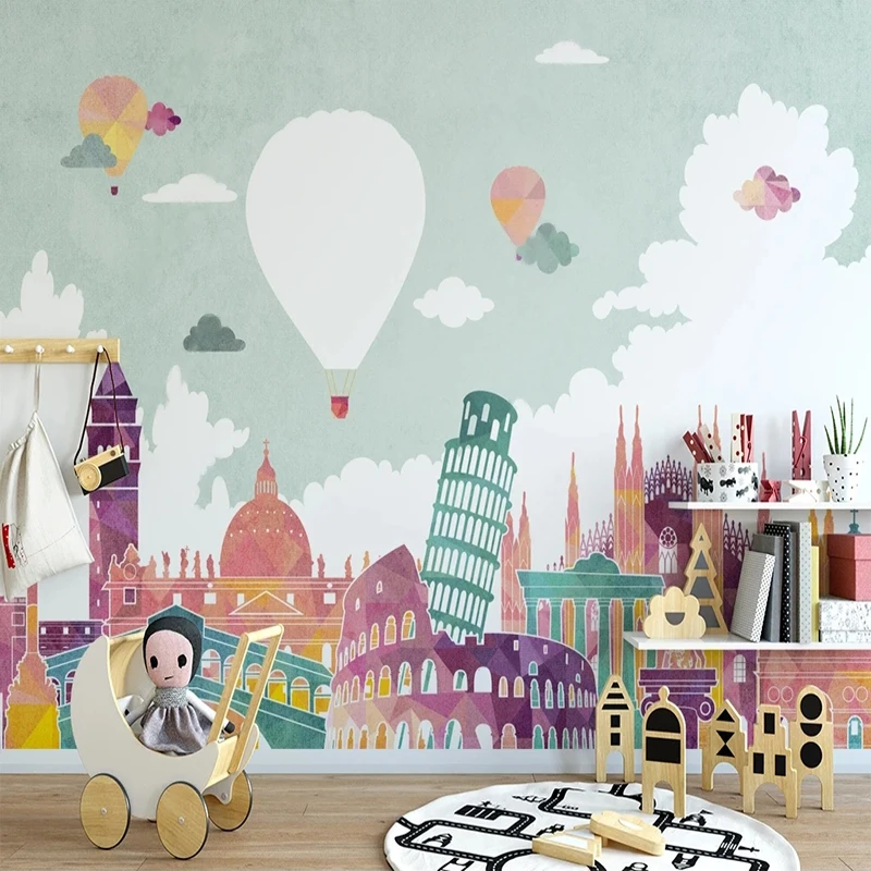 

Custom Mural Wallpaper Nordic 3D Hot Air Balloon Building Children's Room Background Wall Paper Papel De Parede Infantil Murals