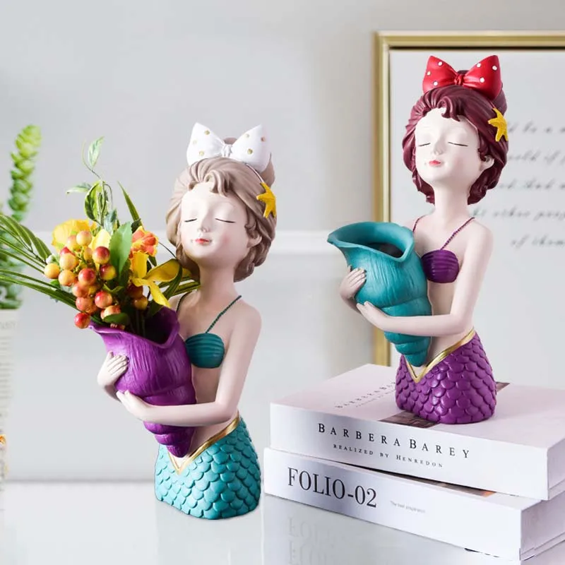 

Nordic Creative Mermaid Whelk Art Vase Ceramic Flower Vase Hydroponic Device Desktop Craft European Home Decoration Accessories