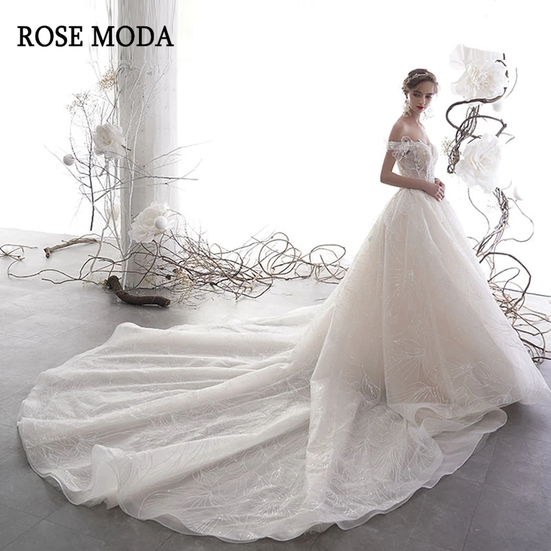 

Розовое модное блестящее кружевное свадебное платье с открытыми плечами и длинным шлейфом, роскошное бальное платье по индивидуальному за...