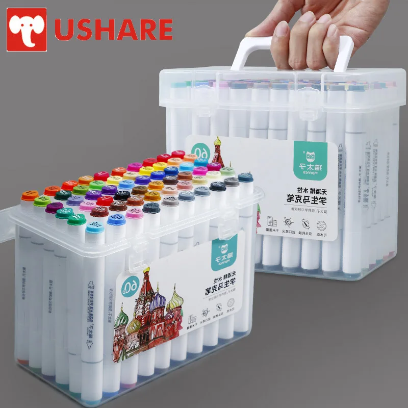 

USHARE 12/24/36/48 Color Markers Kawaii Watercolor Pen Set for Art Drawing Double Tips High Capacity Sketch Pen School Supples