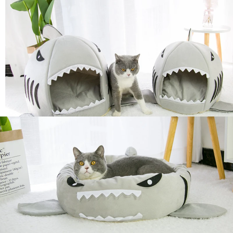 

2020 Cat Mat Shark Shape House Warm Kennel Kittens Bed One Mats Two Usages Kennel Cat Beds Outdoor Tent Cats Basket Warm Cotton