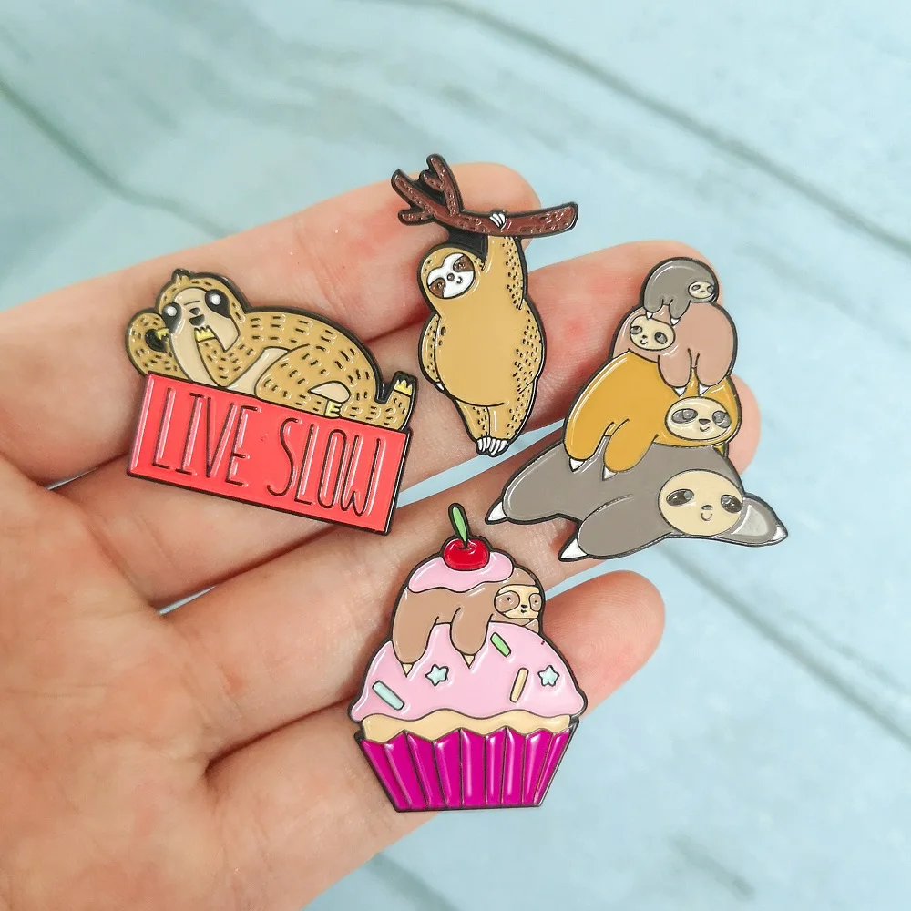 

Live Slow Spirit Animal Enamel Pin Sloth Mug Cake Branch Hug Brooches Bag Clothes Lapel Pin Sloth Badge for kids Jewelry Gift
