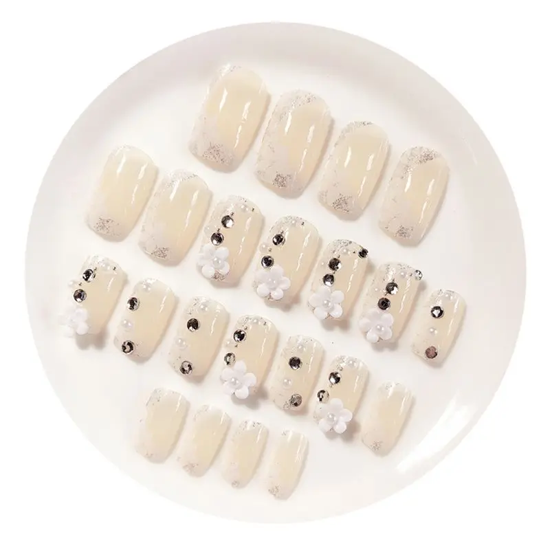 24 шт белый цветок поддельные ногти на пальцах Блестящие Свадебные Длинные