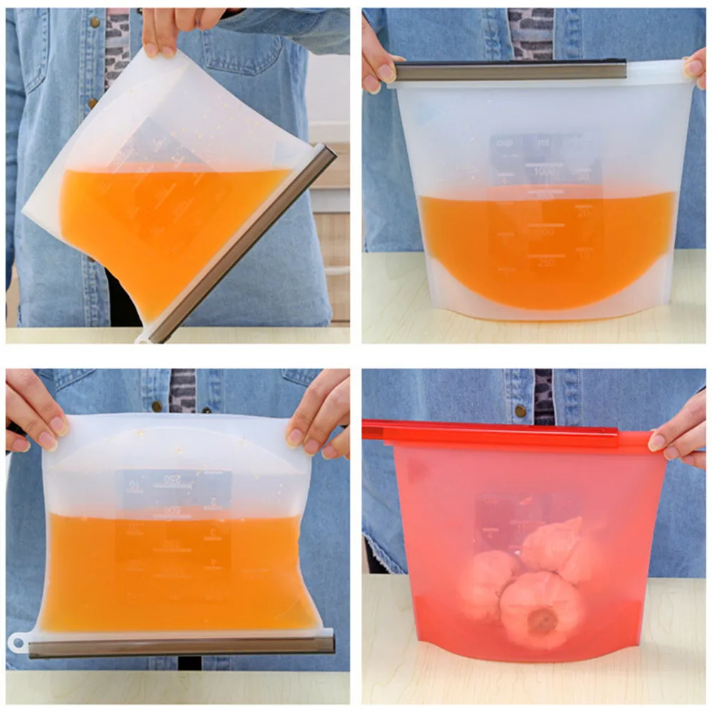 

500/1000/1500ml Silicone Food Bag Fda Reusable Silicone Food Bag Ziplock Bag Leakproof For Freezer Preservation Multiple Purpose
