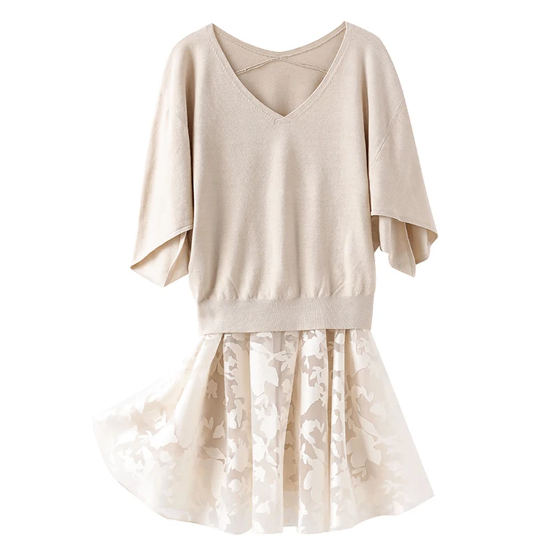 Beige Dabuwawa/платье из двух частей, облегающее и яркое, милое, кружевное, в горошек, Сетчатое платье, осень, с v-образным вырезом, с высокой талией, элегантные платья DN1CSA010 - Цвет: Beige