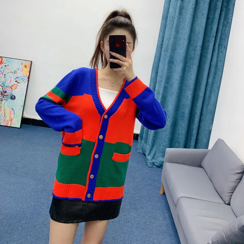

European Style Stitching Color Block Knitted Cardigan 2020 Spring Autumn New V-neck Fashion Loose-Fitting Long Sleeves Sweater
