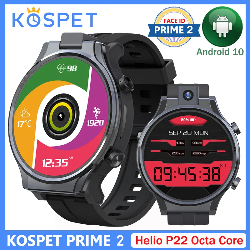 Kospet Prime 2 4G Smart Watch Helio P22 Octa Core Android 10 Men Smartwatch 1600mAh 4GB 64GB 2.1" Round 13MP Rotate Camera GPS