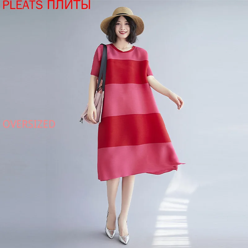 

Miyake Folds New Summer Large Size High-end Western Temperament Age-reducing Short-sleeved A-line Mid-length Dress Women PLEATS
